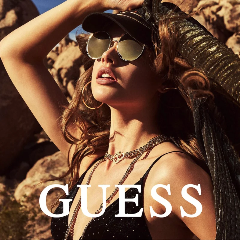 Model wearing Guess sunglasses at THE OPTICAL Technology Centre in Limassol