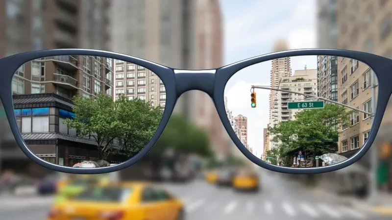 Glasses with a city view appearing sharp through the lens, symbolising clearer vision after an eye test.